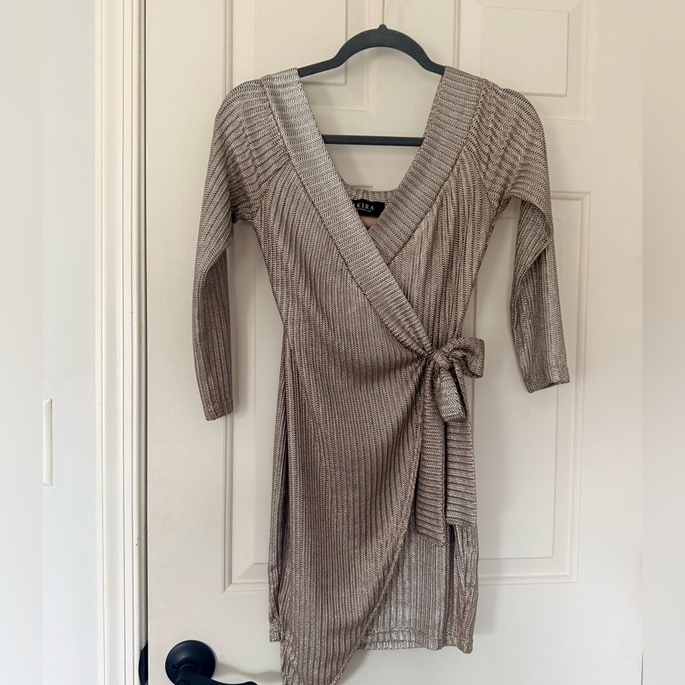 AKIRA Metallic Silver Wrap Mini Dress